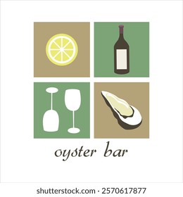 Oyster Bar calligraphy, Oyster, cut lemon and wine bottle simple design.