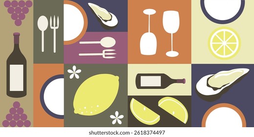 It is oyster bar image. Wine bottle, wine glass, lemon and oyster.