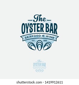 Oyster Bar Logo. Seafood Restaurant Emblem. Letters and Oyster Symbols an Engraving Blue Background.