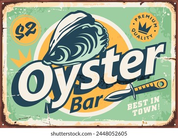 Oyster bar vintage tin sign layout on old metal background. Oyster graphic retro poster for seafood restaurant. Mussels vector illustration.