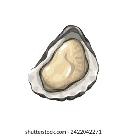 Oyster, cartoon seafood cuisine or sea food delicatessen mollusk, isolated vector. Open oyster shell for gourmet seafood cuisine, restaurant menu or kitchen cooking and fish market product