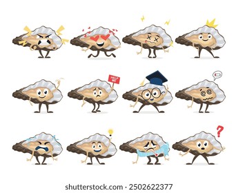 Oyster comic character underwater mollusk different emotions set isometric vector illustration. Funny aquatic seafood cartoon emoticon marine mussel smart help love angry idea tired cry ill king die