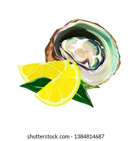 Oyster delicacies with lemon slices on a white background vector illustration