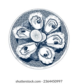 Oyster dish with lemon and ice. Top view. Hand drawn illustration of fresh seafood.