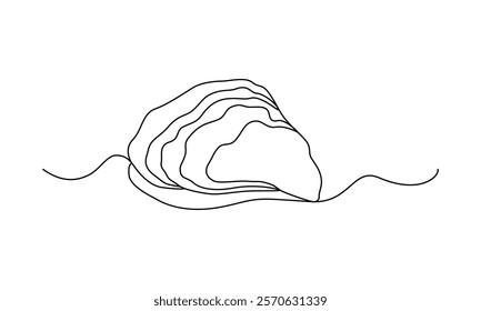 Oyster drawn with continuous line in minimalism, abstract style, bivalve mollusk, marine inhabitant, delicacy, food, one line, editable vector contour