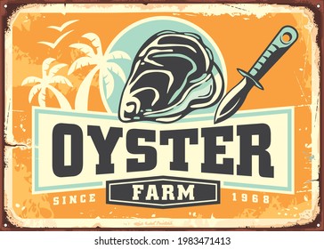 Oyster farm retro sign with seafood graphics, paring knife and creative label design on old vintage background. Food vector. Oyster bar logo design idea.