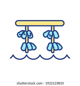 Oyster farming RGB color icon. Shellfish producing. Commercial aquafarming. Aquaculture business. Mariculture production. Underwater shells, freshwater aquarium. Isolated vector illustration