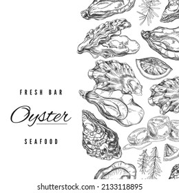 Oyster food banner with hand drawn seashell, lemon slice, ice cubes and rosemary - sketch vector illustration. Advertising poster for seafood fresh bar.