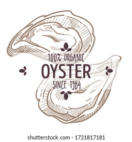 Oyster food, organic dishes and ingredients isolated label with text and year. Cooking or eating luxurious meal in restaurant, icon for menu or shop. Monochrome sketch outline vector in flat style