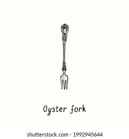 Oyster fork with retro style decor. Ink black and white drawing  woodcut vintage style  illustration