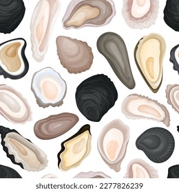 Oyster Fresh Seafood Seamless Pattern Design with Sea Delicacy Food Vector Template