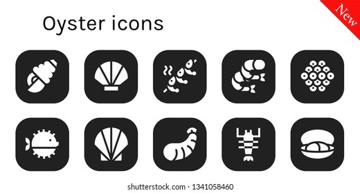 oyster icon set. 10 filled oyster icons.  Collection Of - Seashell, Shrimp, Caviar, Puffer fish, Lobster, Mussel