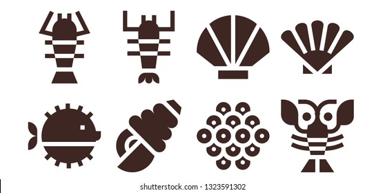 oyster icon set. 8 filled oyster icons.  Collection Of - Puffer fish, Lobster, Seashell, Caviar, Shell