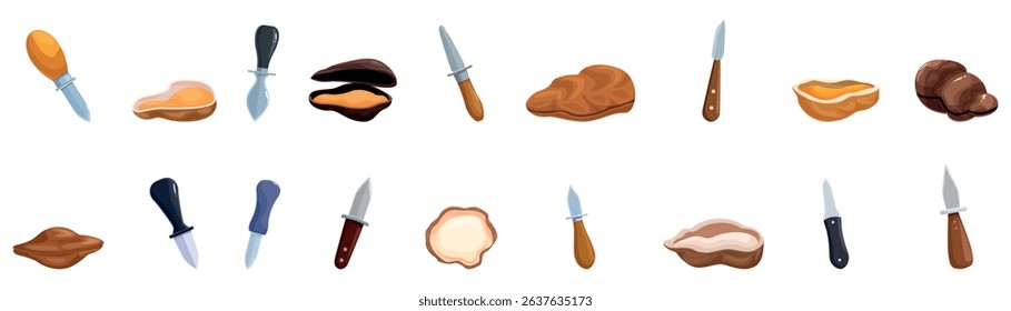  Oyster knife icons set. Oyster knives opening and preparing oysters and mussels for consumption