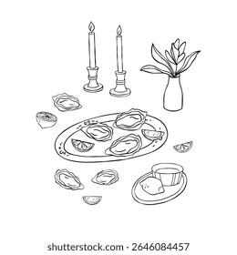 Ostra, limão, flor, velas mesa definindo ilustração desenhada à mão. Conjunto de ilustrações de vetor alimentar. Desenho minimalista em preto e branco.