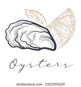 Oyster with lemon hand drawn sketch vector illustration. Closed oyster shell in front of lemon with text.