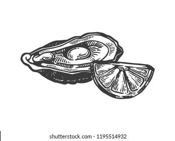 Oyster with lemon sea animal engraving vector illustration. Scratch board style imitation. Black and white hand drawn image.