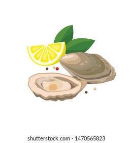 Oyster with lemon vector illustration in flat design isolated on white background.