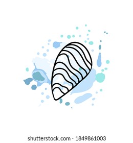 Oyster logo. Promotional sea food sticker, website banner in blue and black colors, trendy watercolor abstract background and silhouette, discount product emblem, marketing badge vector poster