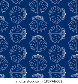 Oyster marine pattern. White contour molluscs on a blue background. Design for fabrics, textiles, packaging, paper