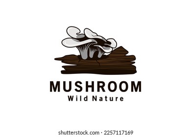 Oyster mushroom logo design, vector illustration of mushrooms on a tree trunk