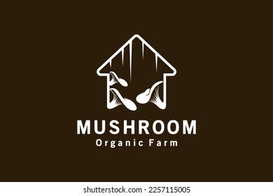 Oyster mushroom logo design, vintage mushroom house vector illustration