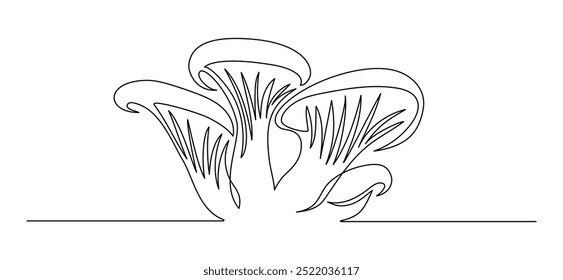 Oyster mushrooms in one continuous line drawing. Organic pleurotus in simple linear style. Forest wood edible mushroom in editable stroke. Doodle vector illustration