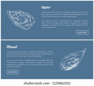 Oyster and mussel vector vintage illustration. Sea and ocean clams hand drawn decorative icons isolated on blue, restaurant menu template sketch.