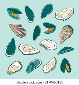 Oyster and mussels sea food vector illustrations set