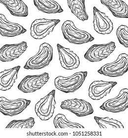 Oyster pattern in engraving sketchy retro style