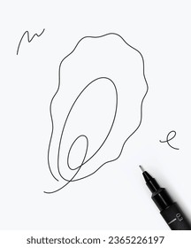 Oyster sea creature drawing in pen line style on white background