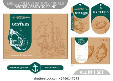 Oyster seafood Premium quality package design set featuring modern hand drawn illustrations and labels set. Seafood