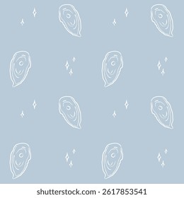 Oyster seamless pattern with hand drawn white contour and spark details on pastel blue background