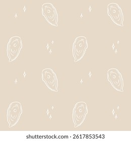 Oyster seamless pattern with hand drawn white contour and spark details on tan beige background