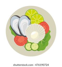 oyster seashell seafood fresh vegetables food plate cartoon vector illustration