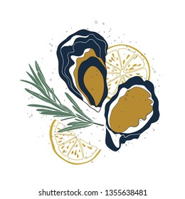 Oyster set. Isolated oysters, lemon slices and rosemary on white background. Hand drawn vector illustration with texture for seafood menu.