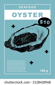 Oyster. Set of posters of fishes and seafood in a abstract draw design. Label or poster, price tag. Simple, flat design. Patterns and backgrounds. Perfect for poster, cover, banner.