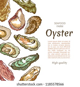 Oyster shell banner, seafood farm banner template. Commercial facility raising oysters for human food. Vector illustration on white background with copy space for text