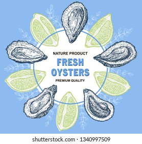 Oyster shell banner, seafood farm banner template. Commercial facility raising oysters for human food. Vector illustration
