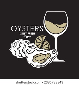 oyster shell emblem with wineglass isolated on black background