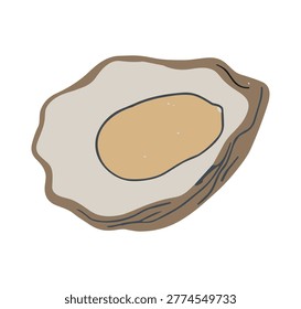 Oyster shell illustration with pearl in soft beige and brown tones flat style