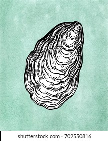 Oyster shell. Ink sketch on old paper background. Hand drawn vector illustration. Retro style.