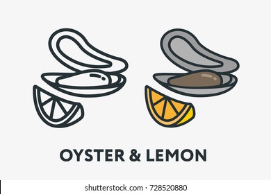 Oyster Shell Mollusk Seafood And Lemon Slice Minimal Flat Line Outline Colorful And Stroke Icon Pictogram