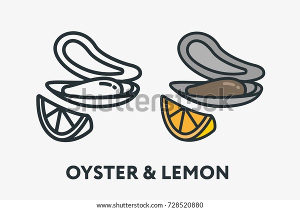 牡蠣殻軟体魚介類とレモンスライスの最小平線の輪郭のカラフルで線のアイコン絵文字 のベクター画像素材 ロイヤリティフリー