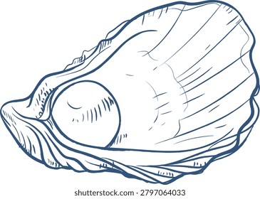 Oyster shell open with round pearl, detailed line work and engraved hatching. Symbol of luxury, rarity, treasure, value, and purity. Cartoon vector illustration.