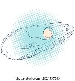 Oyster shell with pearl in line art style on spotted background. Vector color hand drawn illustration. Elements for design seafood shop or menu, decor, label, print, poster, t-shirt.