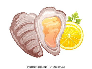 Oyster shell vector. Sea food with lemon isolated illustration, Oyster seafood icon. 3d cartoon shellfish icon. Seashell mussel vintage. Raw clam art. Fresh scallop seafood. Ocean half shell dinner