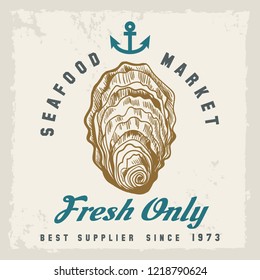 Oyster shellfish label. Fresh oysters label with hand drawn shellfish, retro seafood market or restaurant poster vector illustration