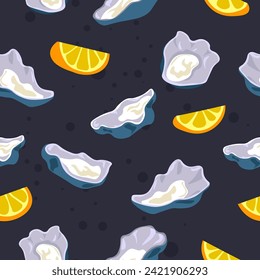 Oyster with slice of orange or lemon. Organic seafood products for healthy eating. Source of protein, vitamins and minerals. Seamless patten, background print or wallpaper. Vector in flat style