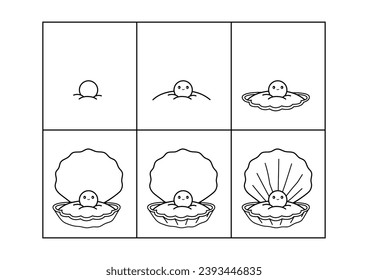 Oyster. Step by step drawing. Coloring page, coloring book page. Black and white vector illustration.